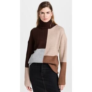 New Moon River Turtleneck Long Sleeve Colorblock Sweater in Brown Multi Size S